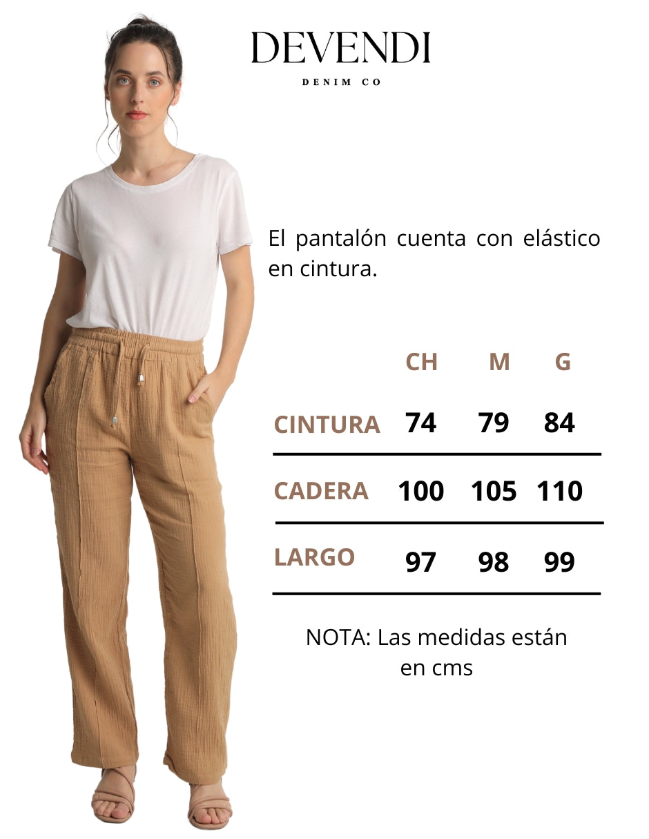 Pantalón Corte Recto Color Camel en Tela de Algodón Texturizada con Elástico en Cintura y Largo al Tobillo