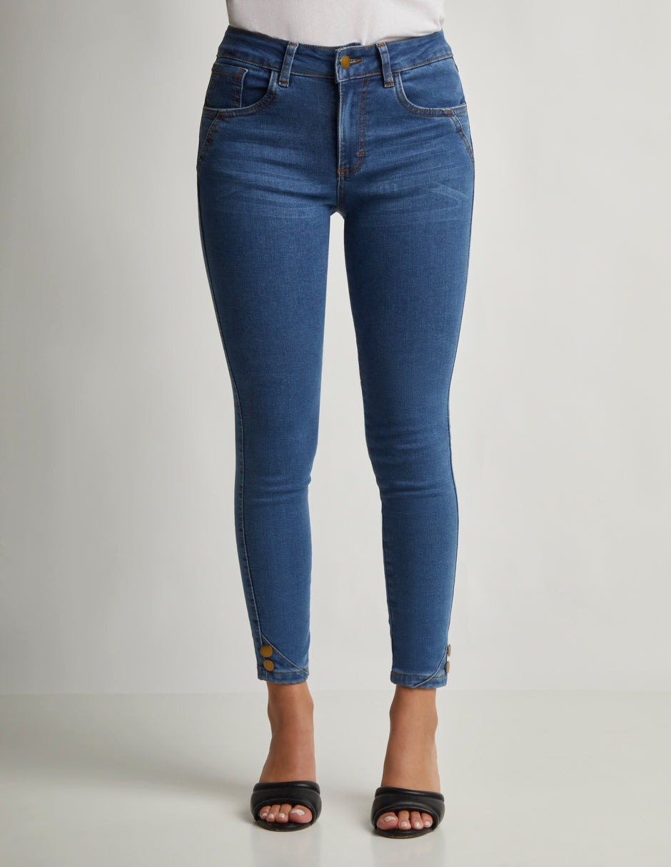 Jeans Mujer Azul Mezclilla Tiro Alto Con Botones en Tobillo