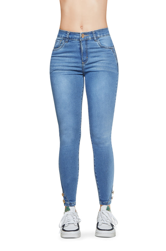 Jeans Mujer Azul Mezclilla Tiro Alto Con Botones en Tobillo