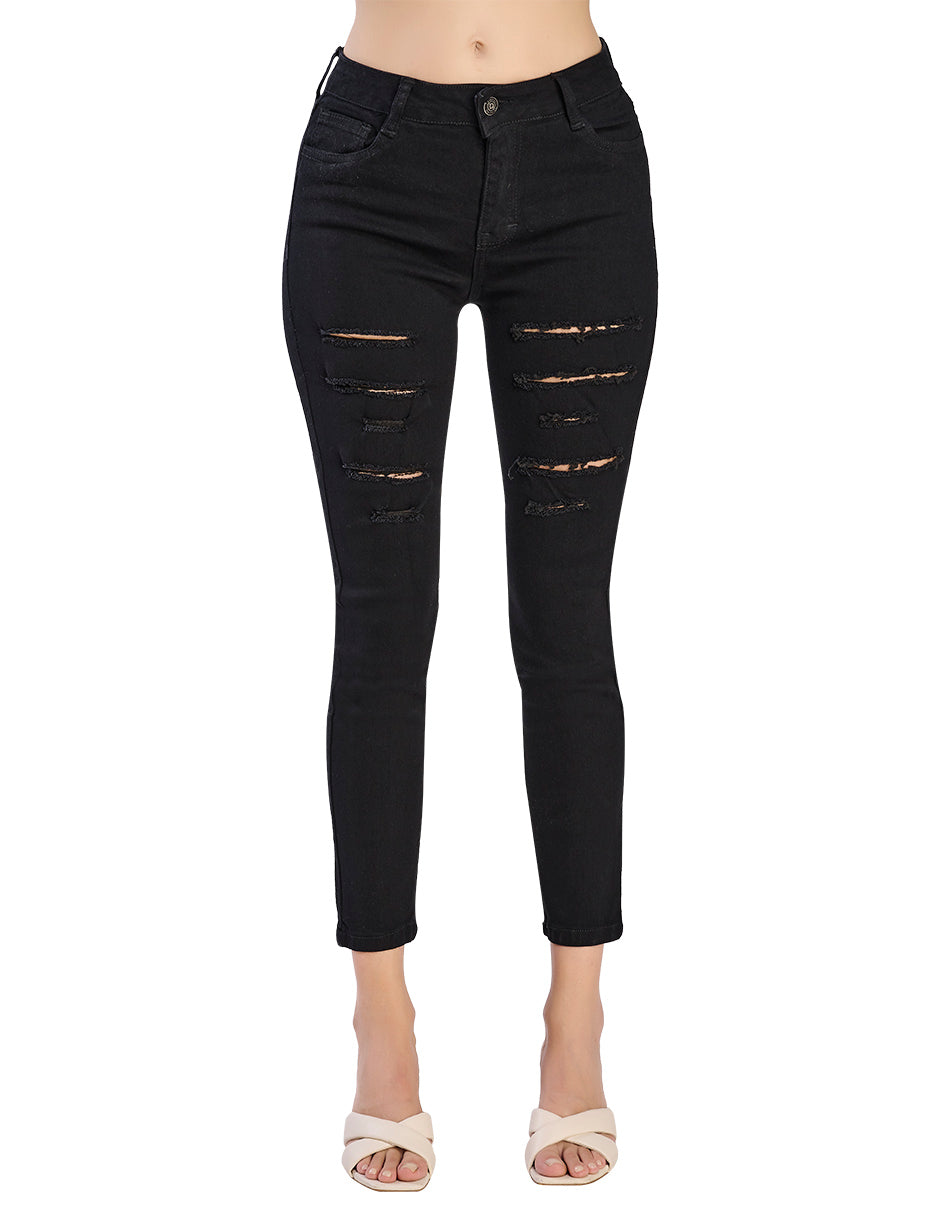 Jeans Negro Mujer de Mezclilla Stretch, Tiro Alto y Rupturas Decorativas - Estilo Vaquero Cómodo.