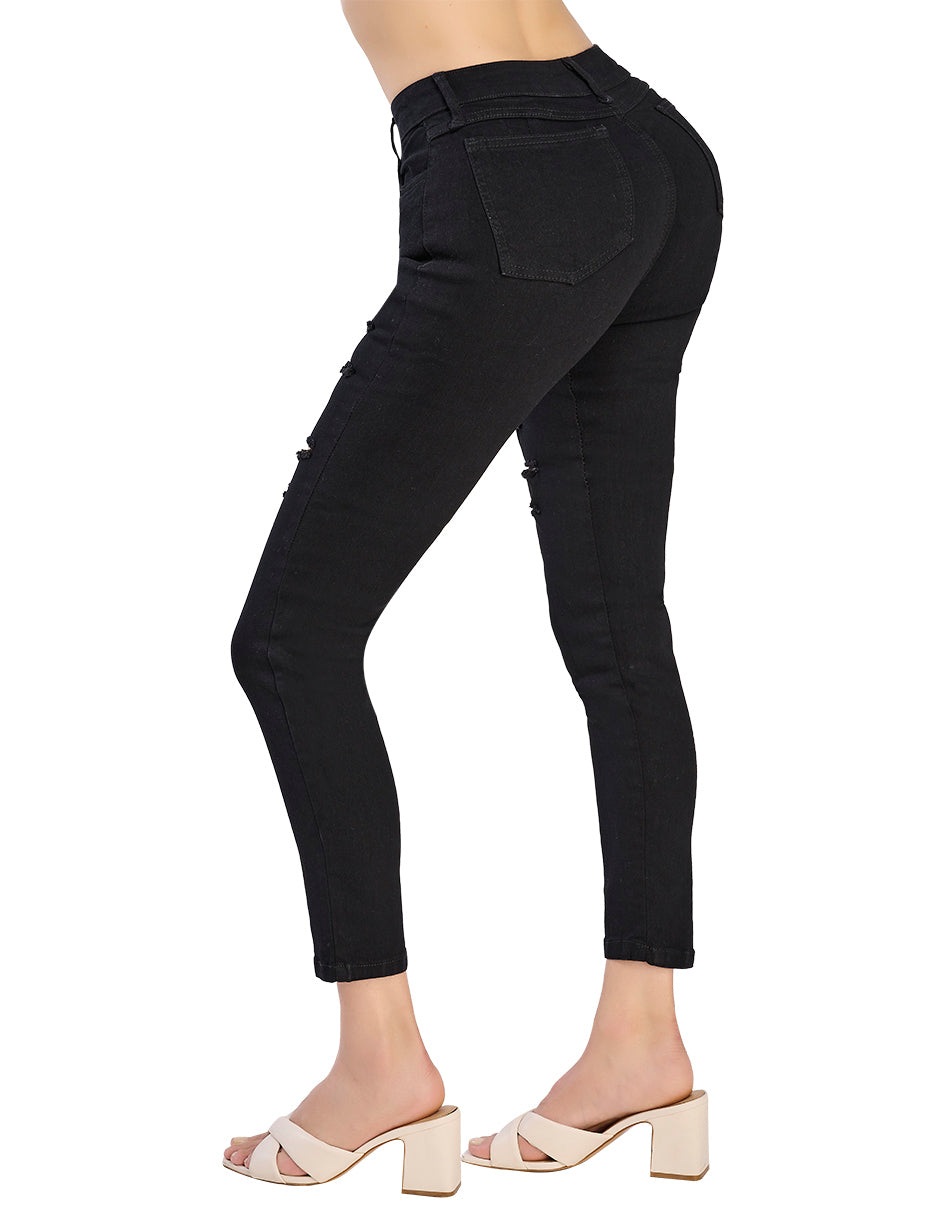 Jeans Negro Mujer de Mezclilla Stretch, Tiro Alto y Rupturas Decorativas - Estilo Vaquero Cómodo.