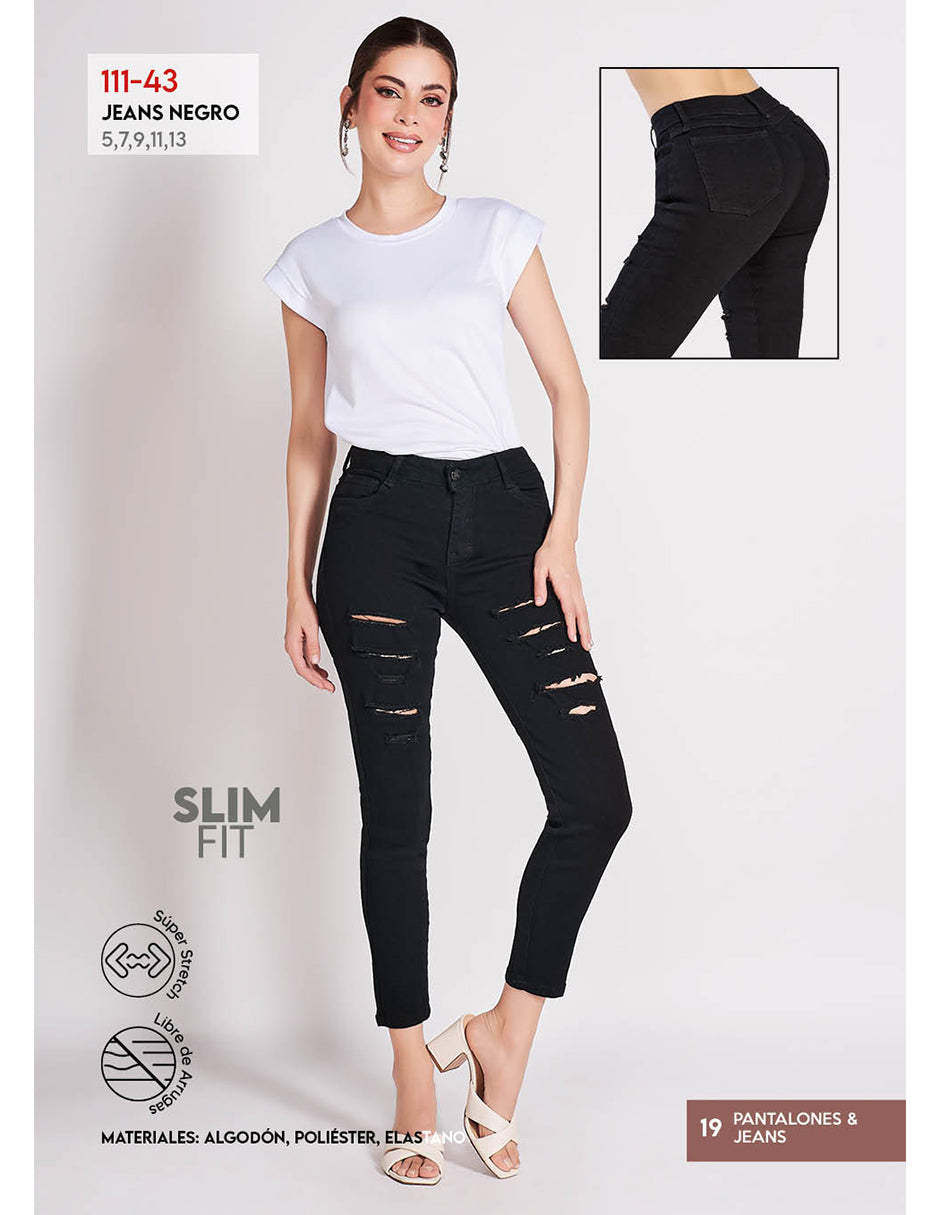 Jeans Negro Mujer de Mezclilla Stretch, Tiro Alto y Rupturas Decorativas - Estilo Vaquero Cómodo.