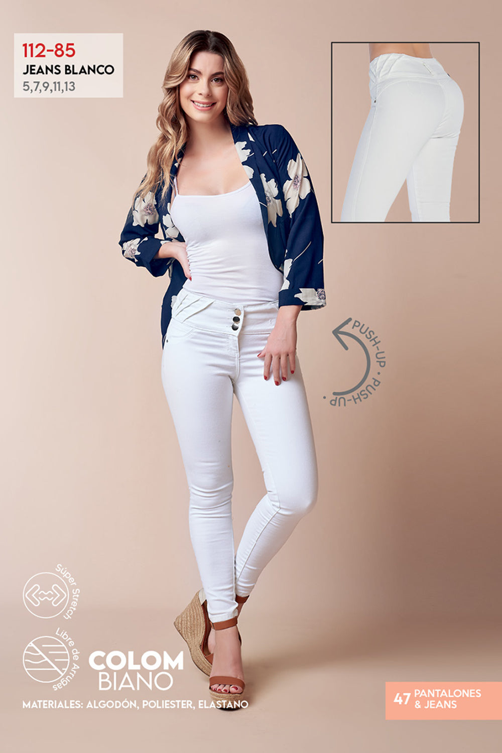 Jeans Blanco de Mezclilla para Mujer, Corte Colombiano con Stretch y Efecto Push-Up - Estilo Vaquero Cómodo.