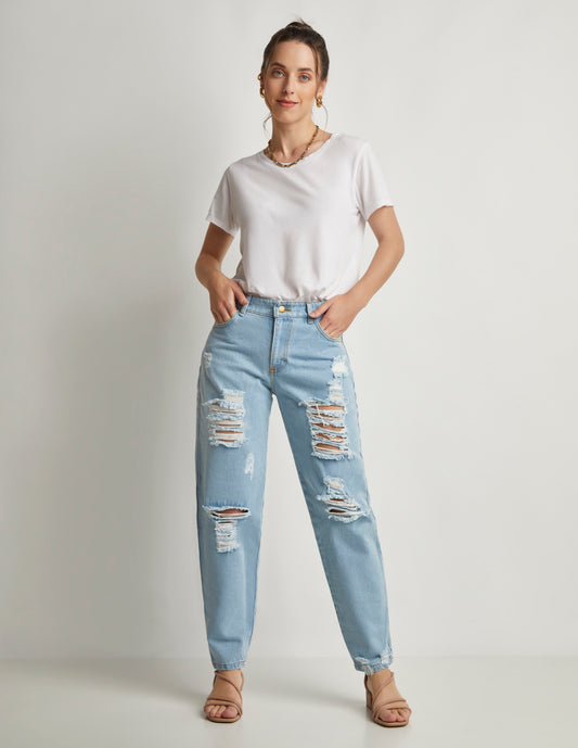 Jeans Mom Tela Rigida con Rupturas