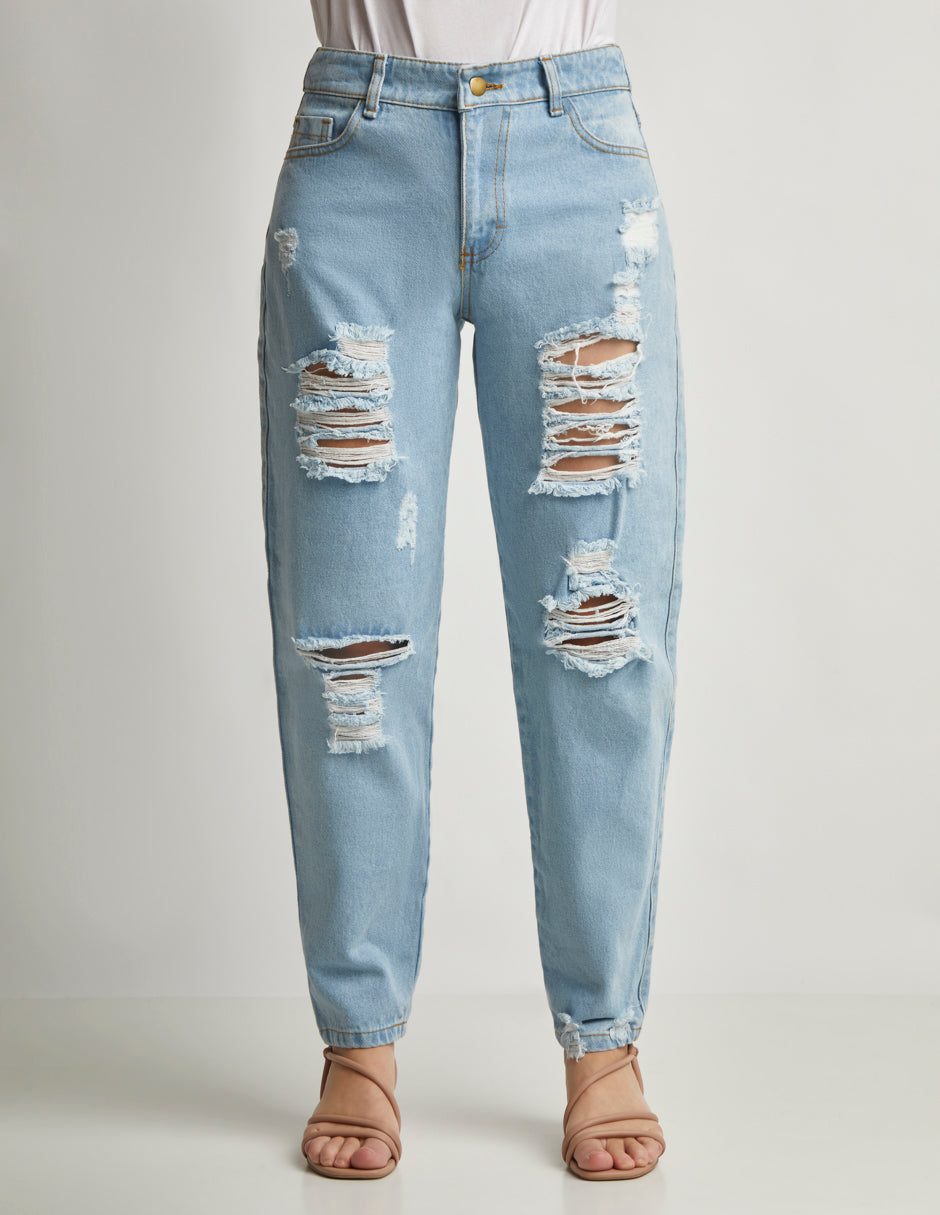 Jeans Mom Tela Rigida con Rupturas