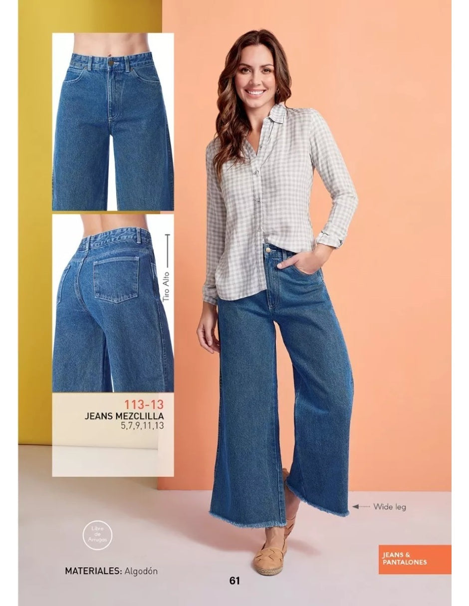 Jeans Mujer Azul Mezclilla Wide Leg, Tiro Alto - Estilo Vaquero Moderno