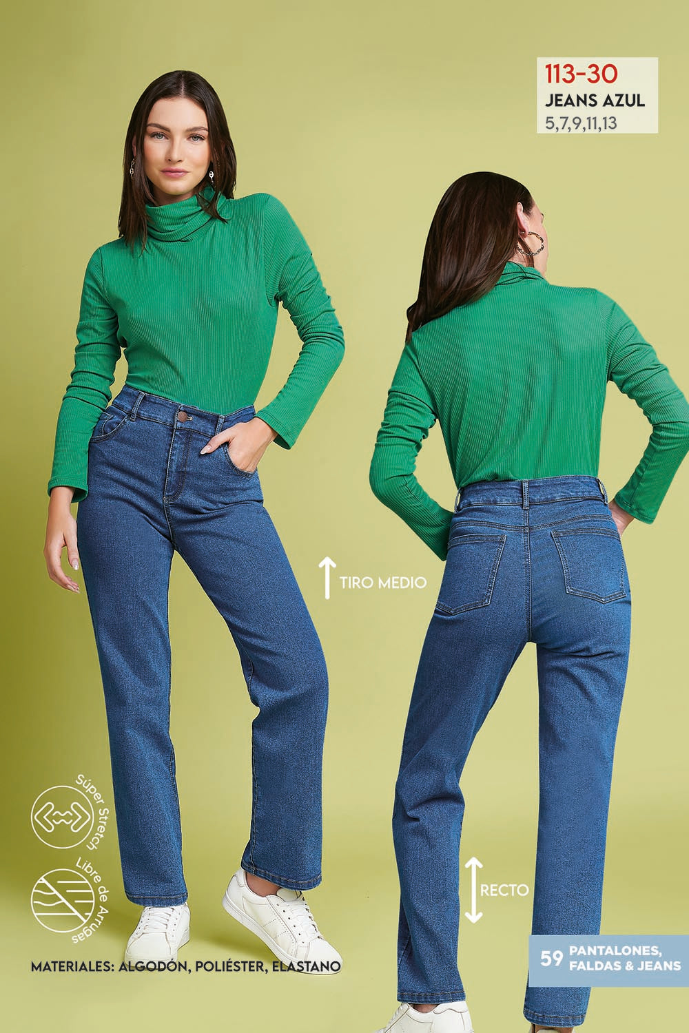 Jeans Azul Mezclilla Rectos: Tiro Alto, Stretch y Cómodos