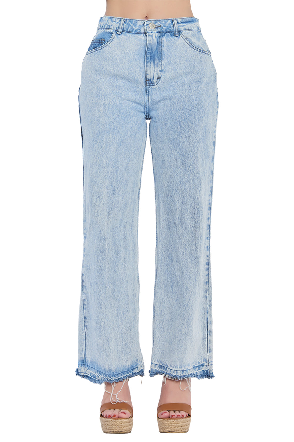 Jeans Tiro Alto Wide Leg con Desgaste