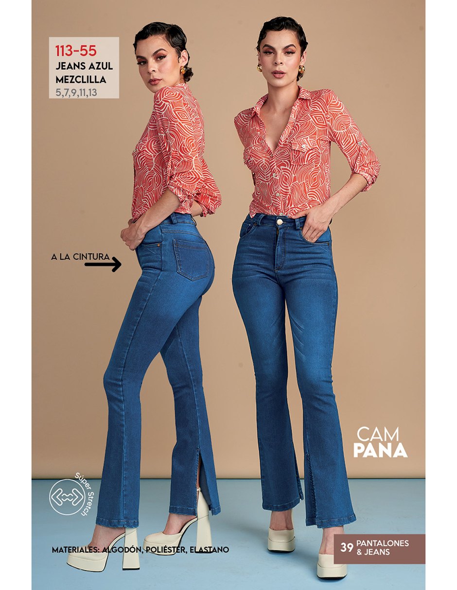 Jeans Azul Acampanado con Apertura en Tobillo y Tela Stretch