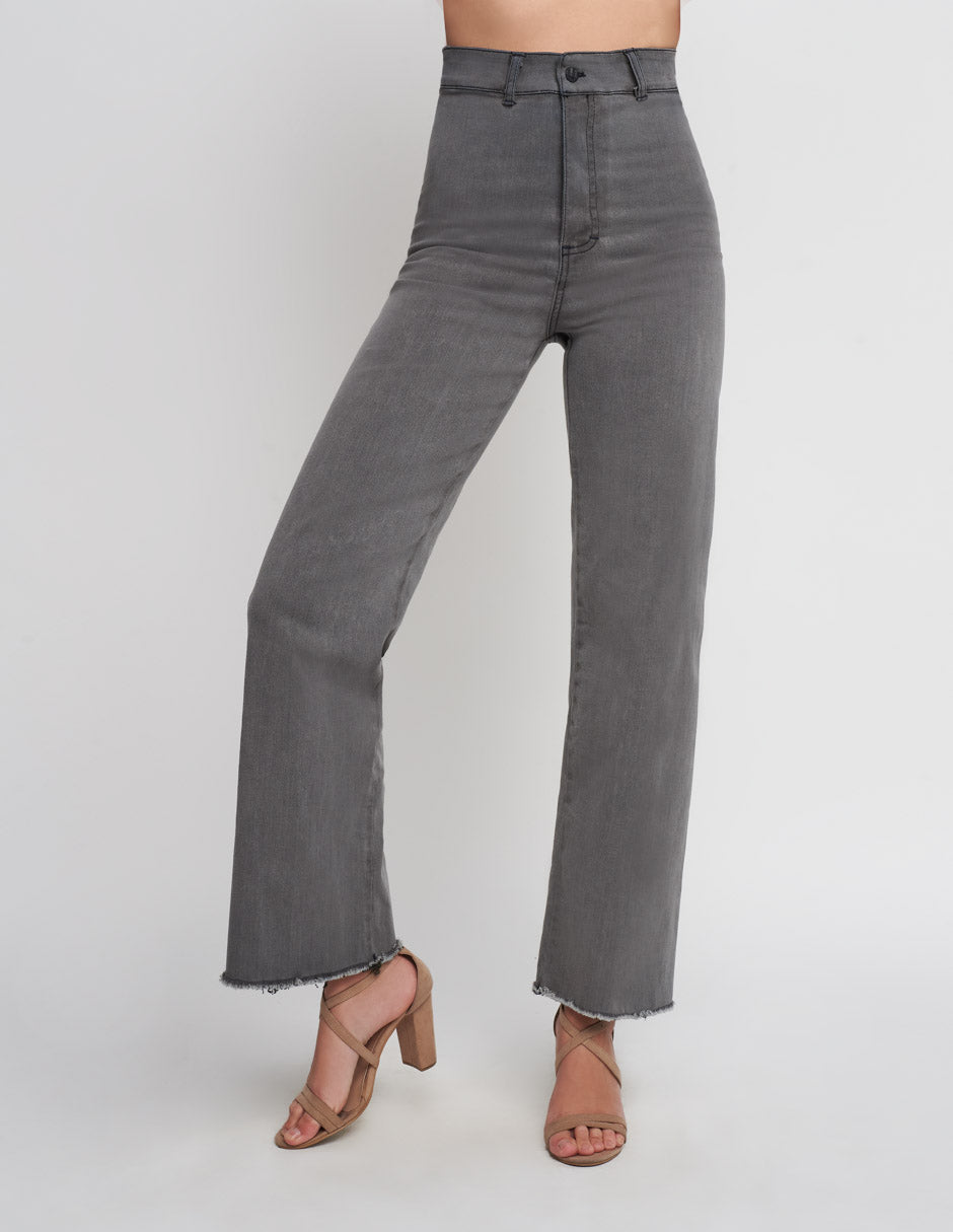 Jeans de mujer color gristiro alto a la cintura wide leg al tobillo stretch