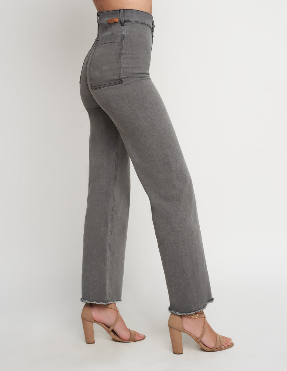 Jeans de mujer color gristiro alto a la cintura wide leg al tobillo stretch