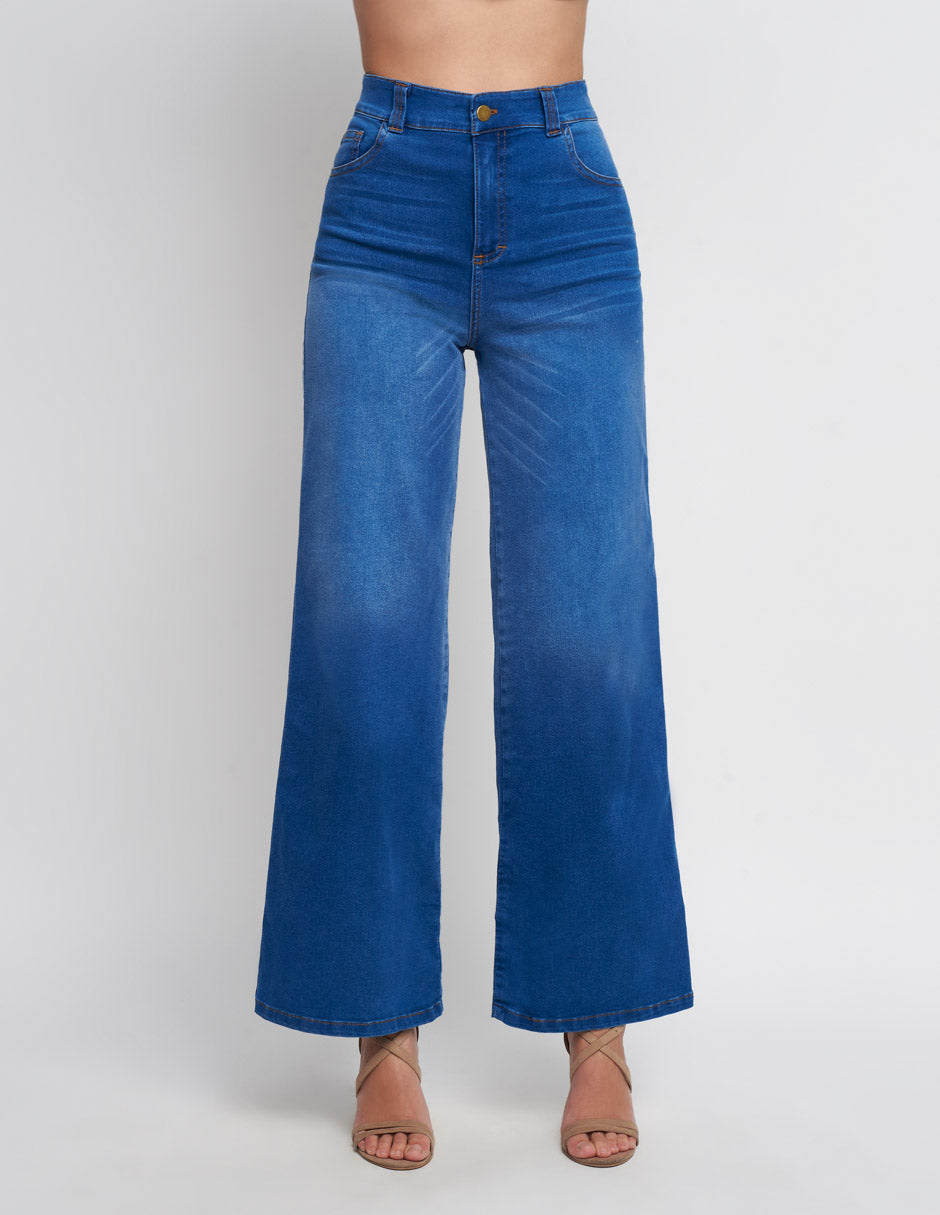 Jeans para mujer de tela de mezclilla azul tiro alto a la cinturawide leg al tobillo stretch