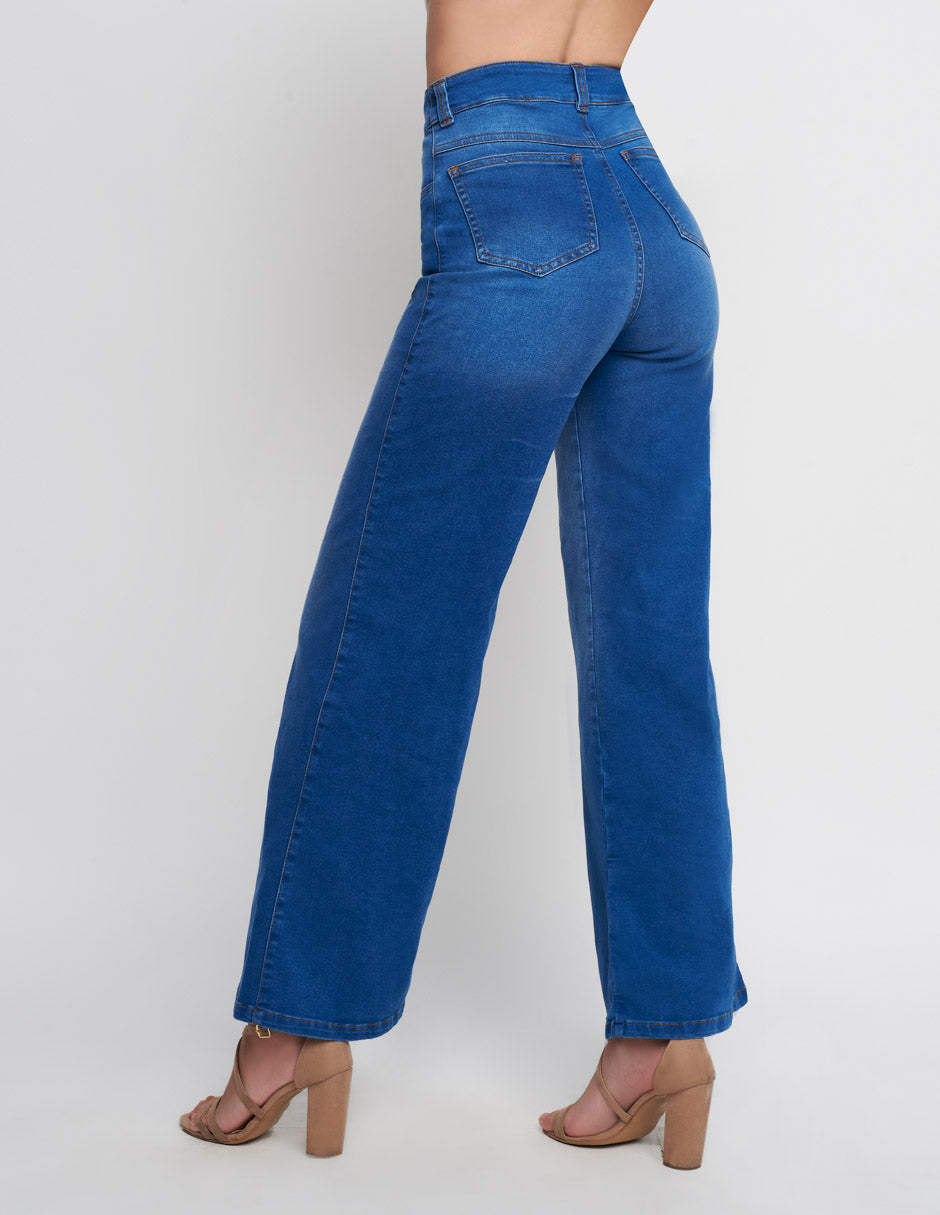 Jeans para mujer de tela de mezclilla azul tiro alto a la cinturawide leg al tobillo stretch