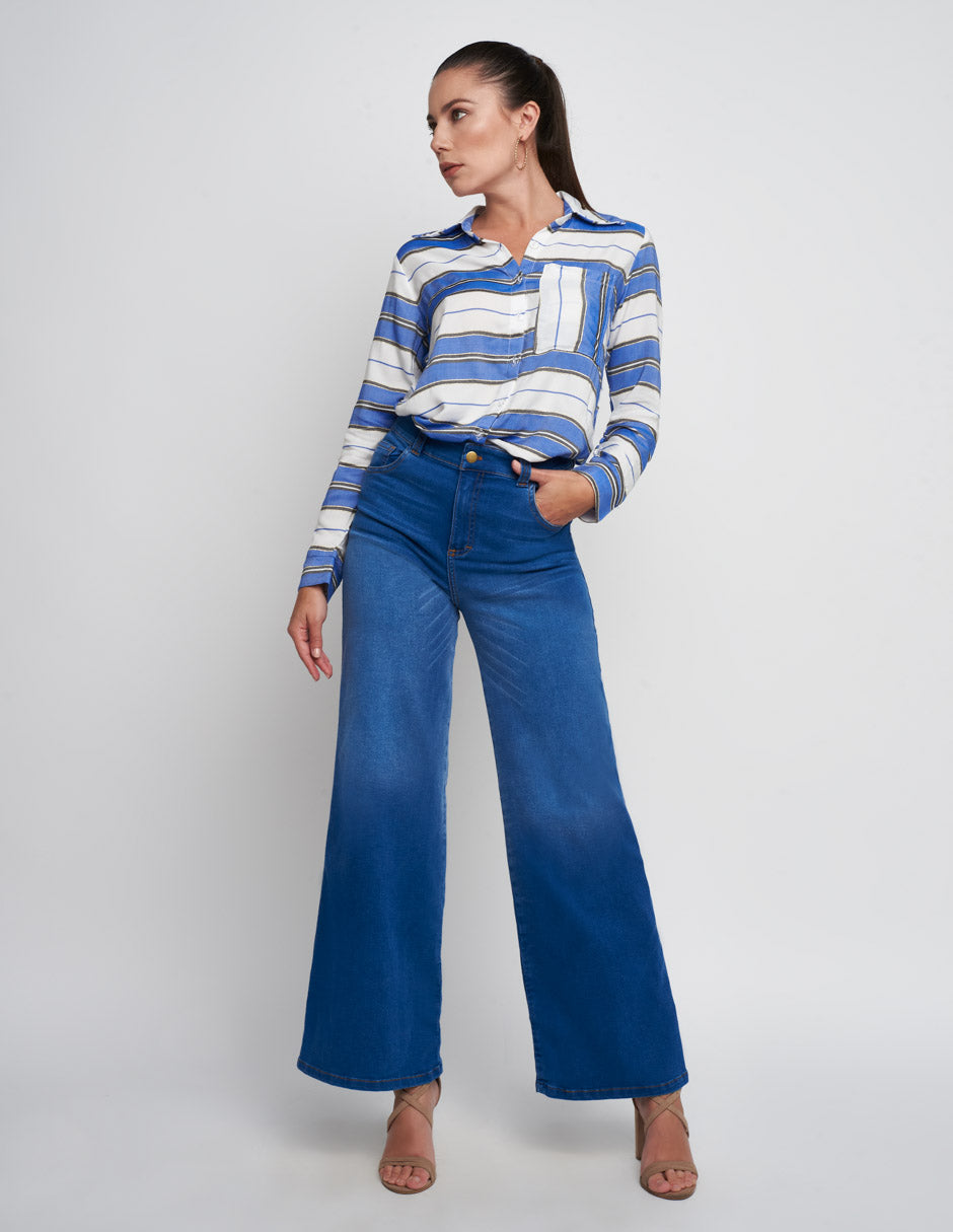 Jeans para mujer de tela de mezclilla azul tiro alto a la cinturawide leg al tobillo stretch