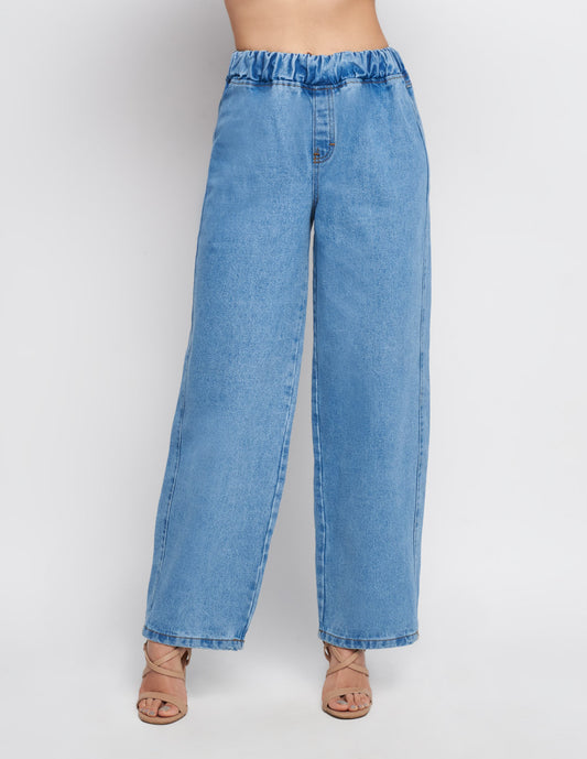 Jeans Devendi para mujer de mezclilla Stretch azul claro tiro alto a la cintura wide leg  al tobillo