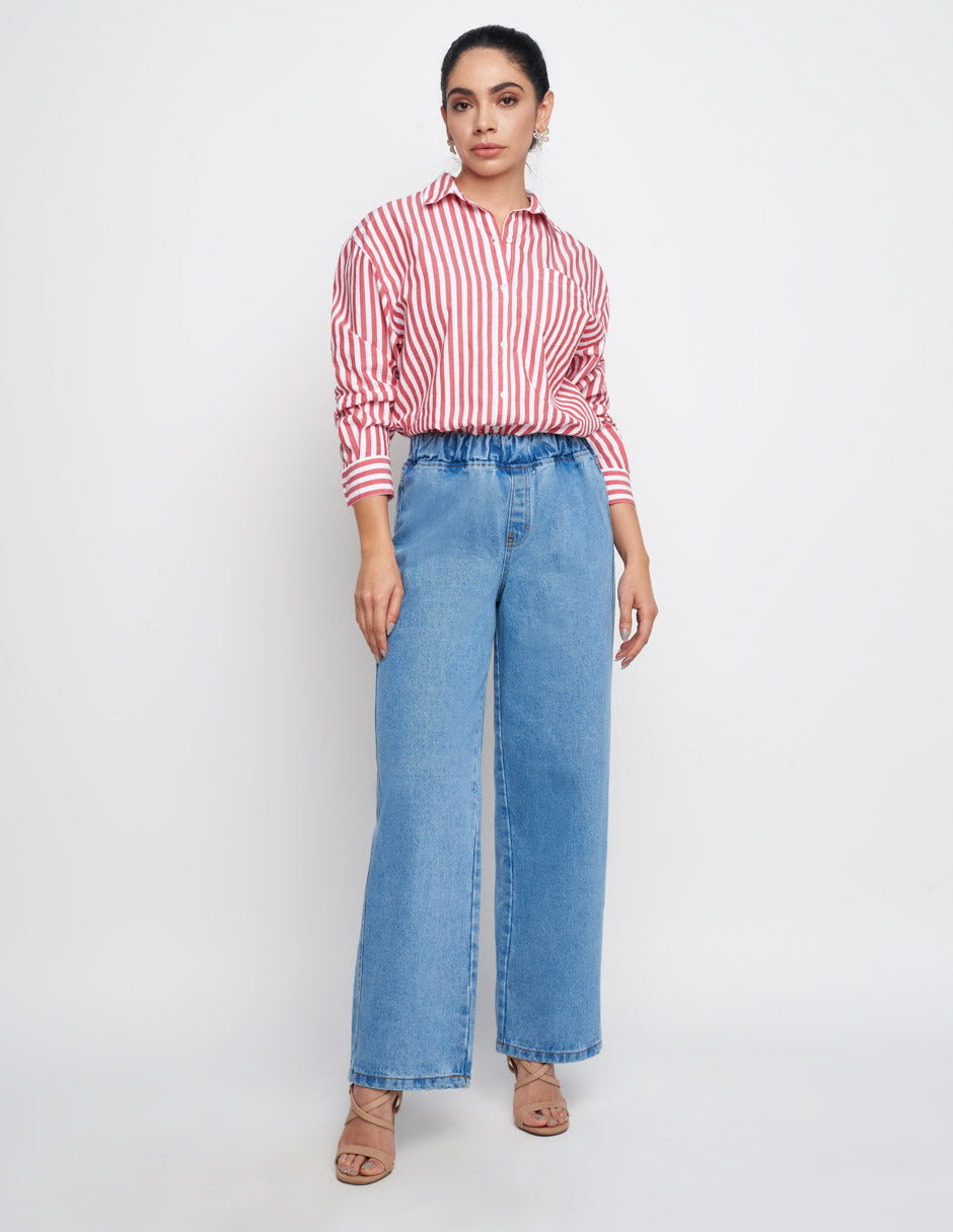 Jeans Devendi para mujer de mezclilla Stretch azul claro tiro alto a la cintura wide leg  al tobillo