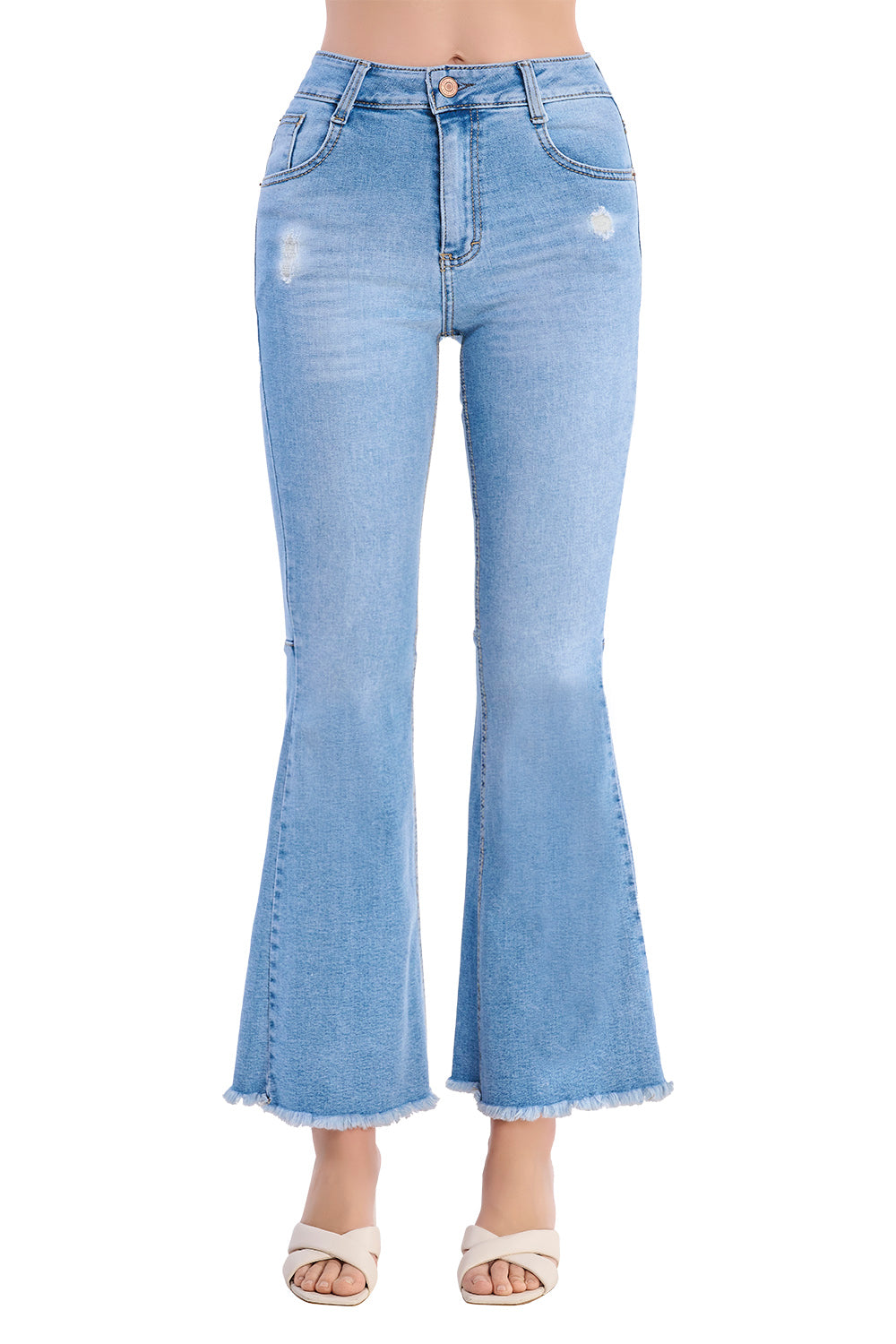 Jeans Mujer Azul Mezclilla Acampanado - Tiro Alto con Detalles de Desgaste, Estilo Vaquero Moderno.