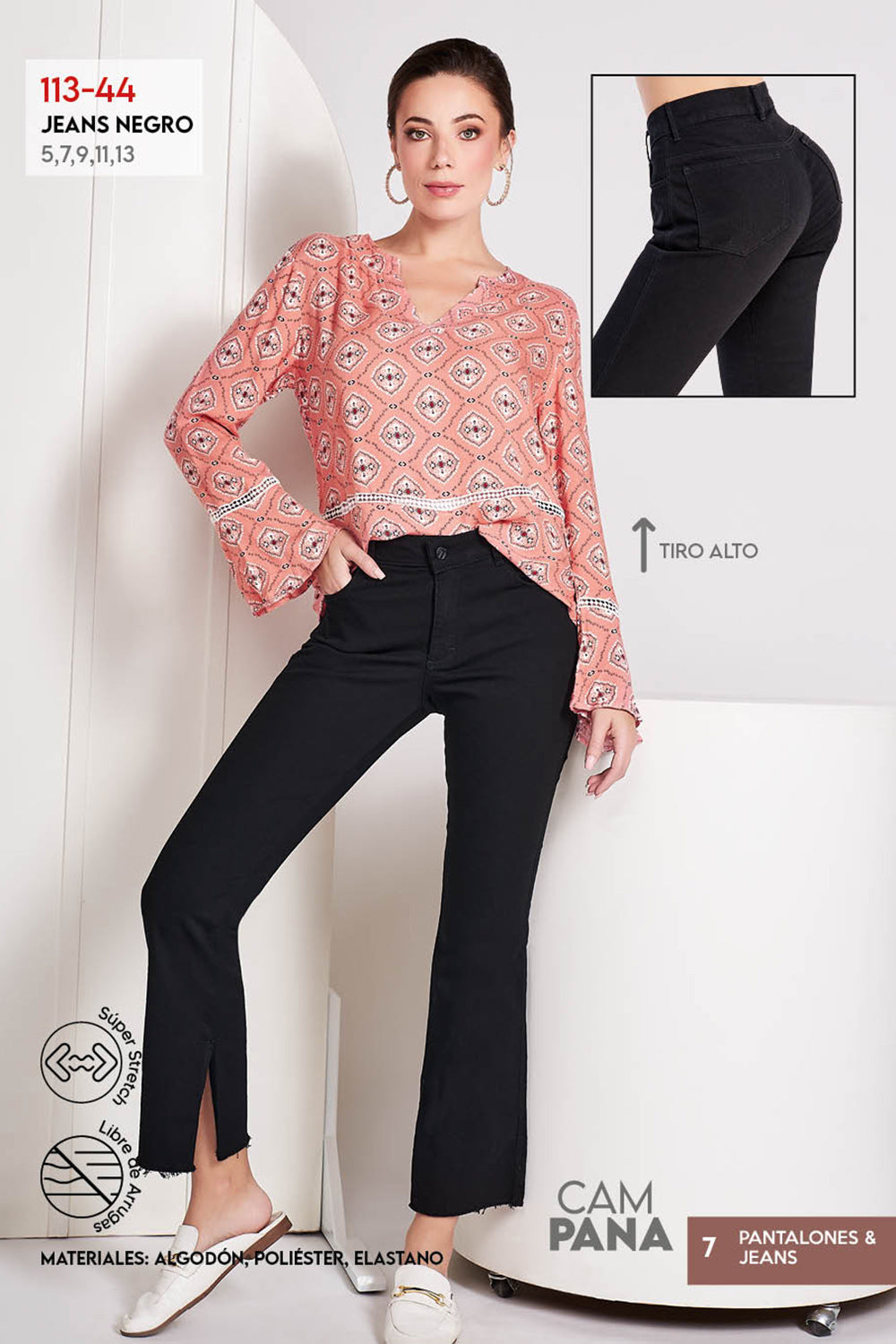 Jeans Negro Tiro Alto: Stretch y Corte Campana