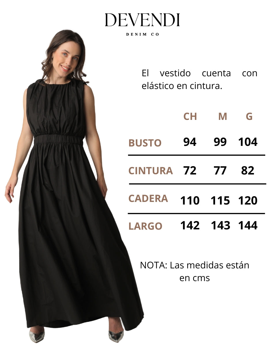 Vestido Maxi Negro de Algodón con Cintura Elástica y Manga Removible