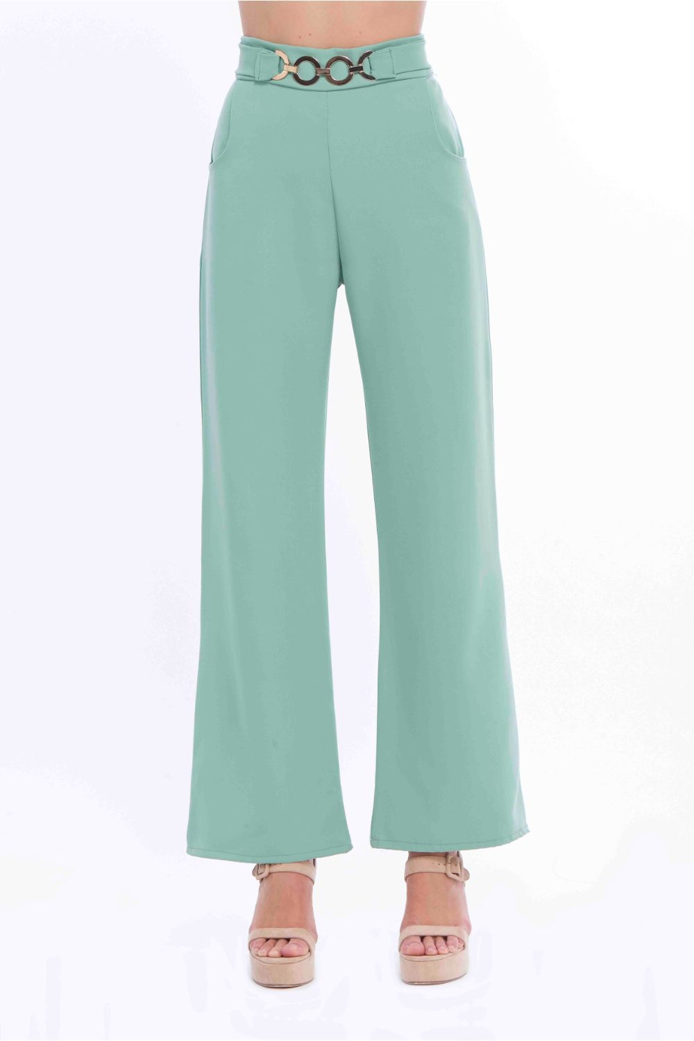 Pantalón Verde Pistache Formal: Tela Ligera, Tiro Alto