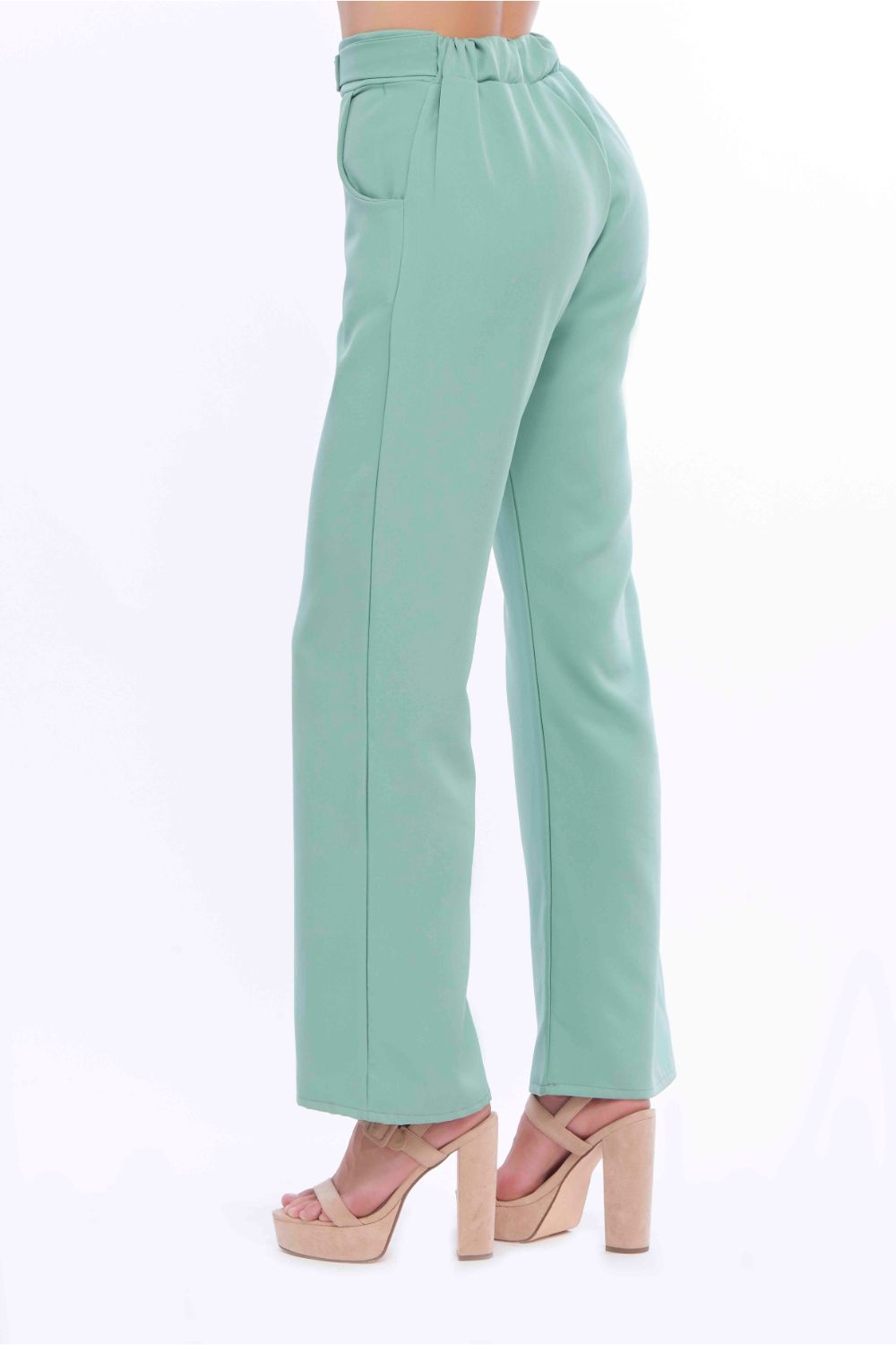 Pantalón Verde Pistache Formal: Tela Ligera, Tiro Alto