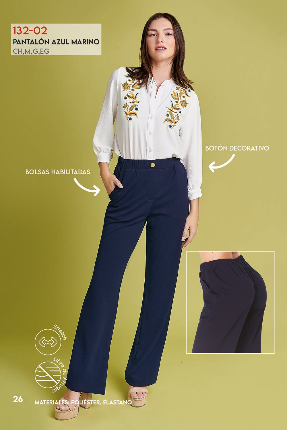 Pantalón Azul Marino Formal: Tela Stretch, Tiro Alto