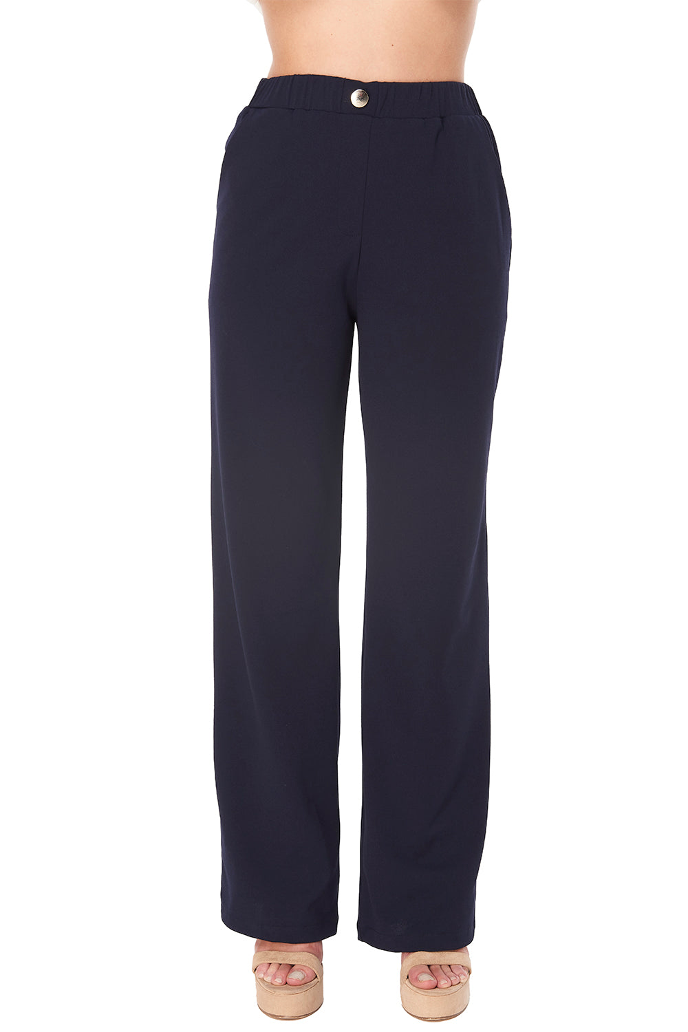 Pantalón Azul Marino Formal: Tela Stretch, Tiro Alto