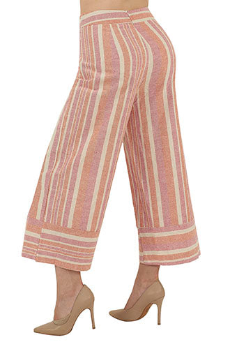 Pantalón Rayado Multicolor: Corte Wide Leg, Tela de Lino Estampada, Tiro Alto