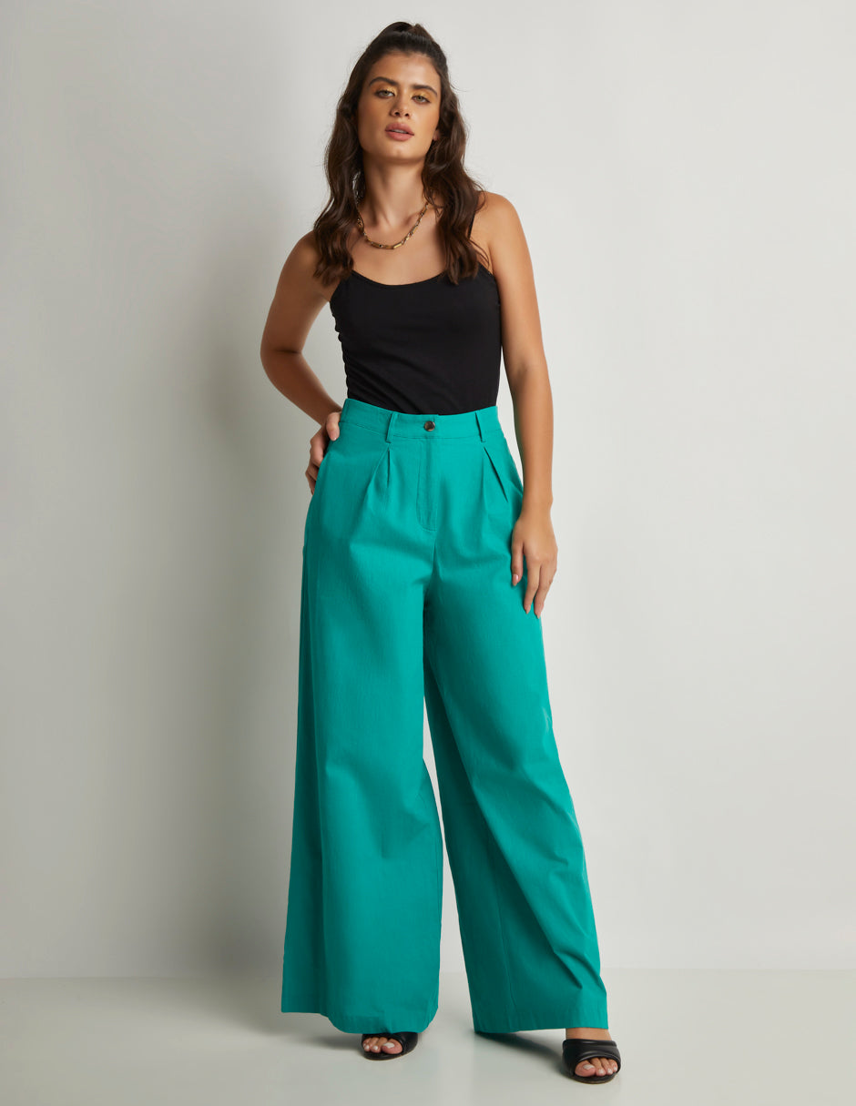 Pantalón Wide Leg de Lino con Elástico en Cintura y Bolsas Habilitadas Color Verde