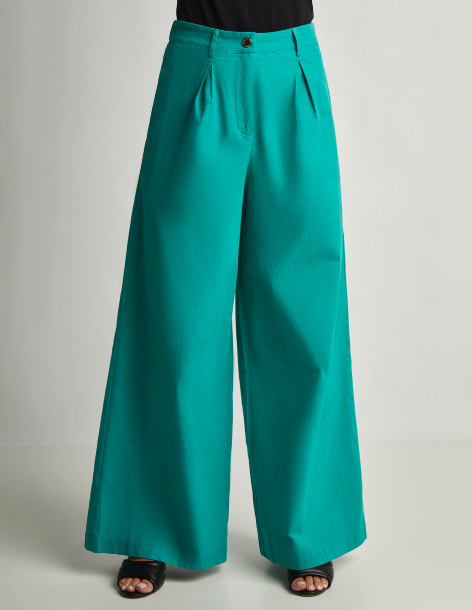 Pantalón Wide Leg de Lino con Elástico en Cintura y Bolsas Habilitadas Color Verde