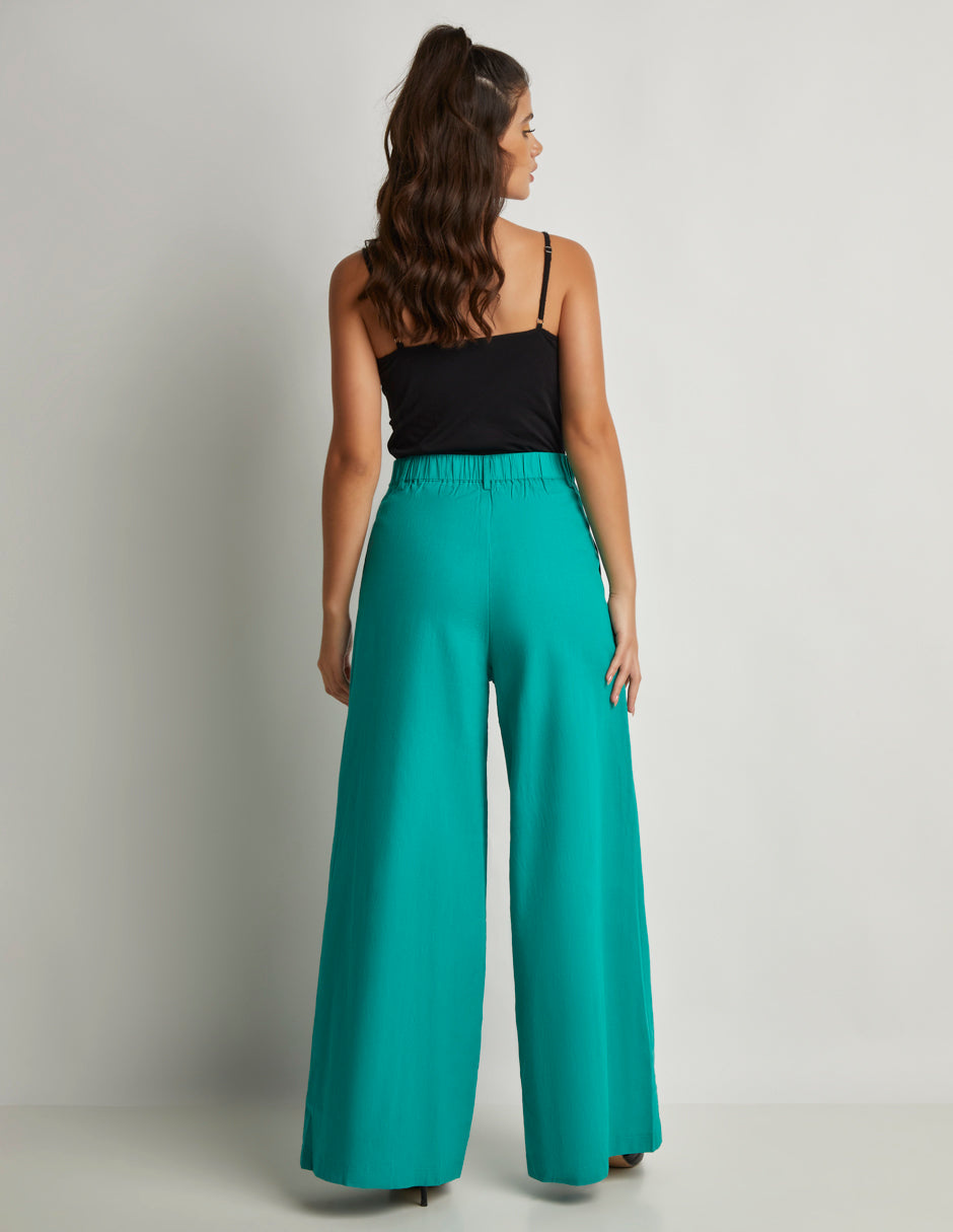 Pantalón Wide Leg de Lino con Elástico en Cintura y Bolsas Habilitadas Color Verde