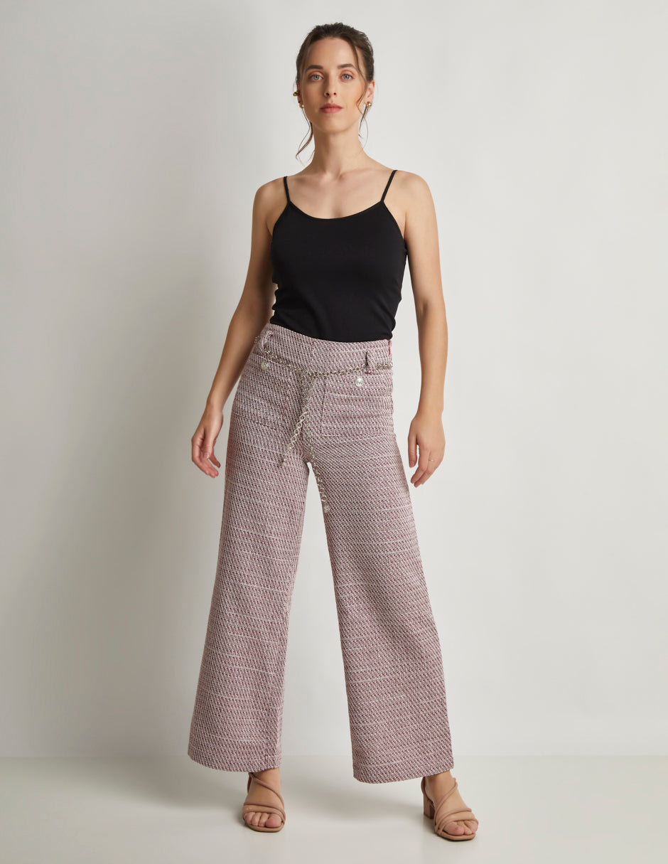 Pantalón Wide Leg con Tiro Medio en Tela Tweed, Largo al Tobillo, Cierre en Costado y Cinturón Incluido