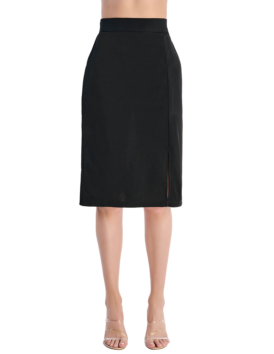 Falda Midi Negro: Corte en A, Tela Stretch, Tiro Alto