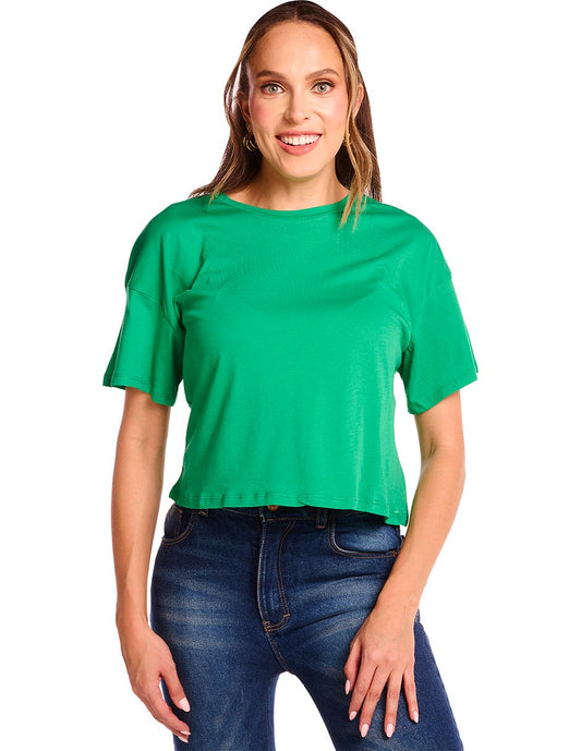 Blusa Básica Verde: Tela Stretch, Manga Corta, Largo Cintura