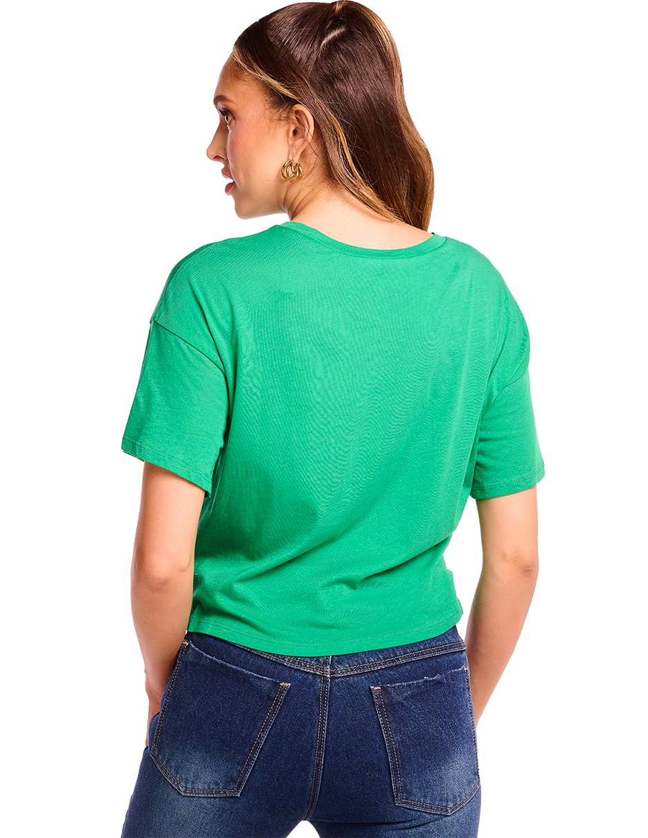 Blusa Básica Verde: Tela Stretch, Manga Corta, Largo Cintura