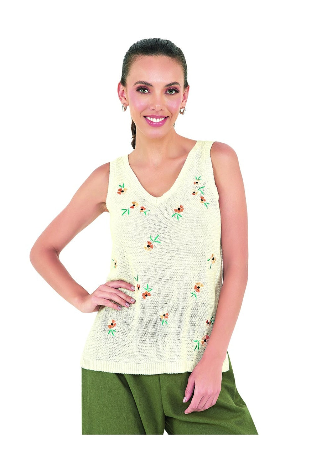 Blusa Tejida Sin Mangas Bordado con Flores