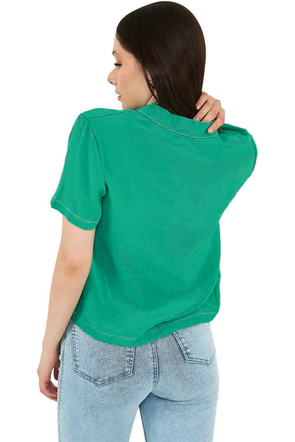 Blusa Camisera color verde: Tela Ligera, Botones, Manga Corta