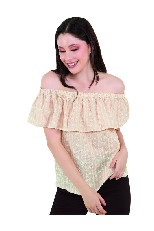 Blusa Beige Casual: Tela Ligera, Bordada, Off Shoulder