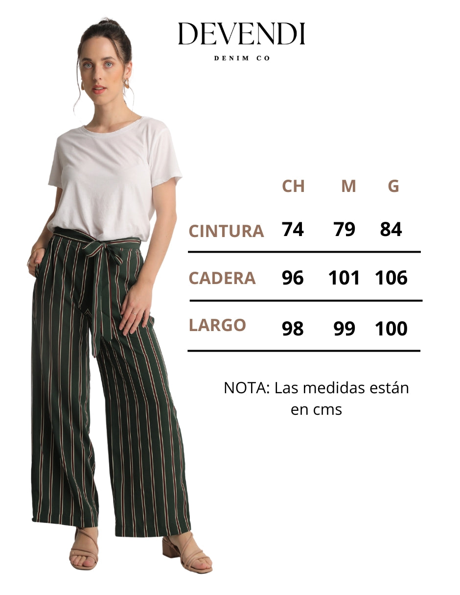 Pantalón Corte Recto en Tela Ligera con Estampado Lineal y Elástico en Cintura Color Verde