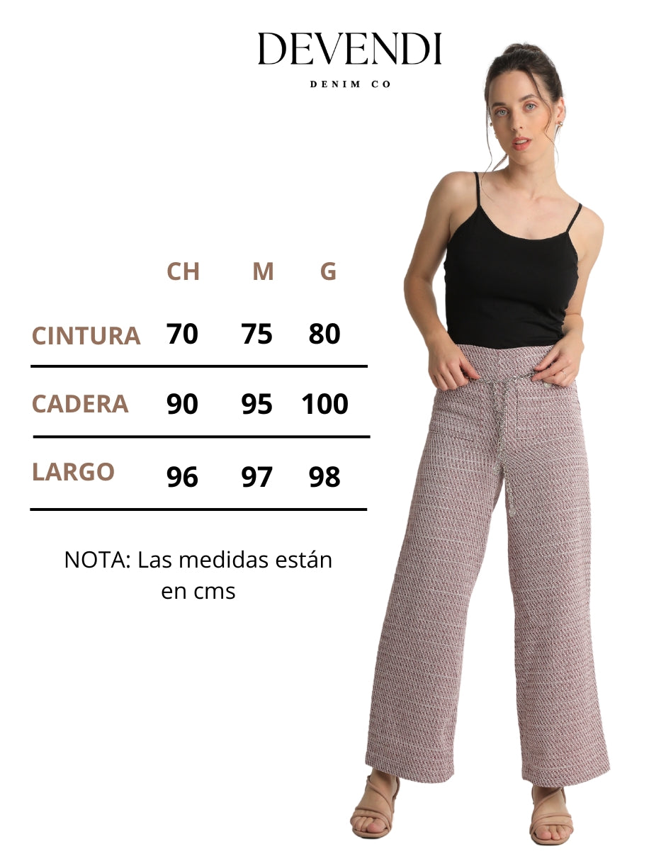 Pantalón Wide Leg con Tiro Medio en Tela Tweed, Largo al Tobillo, Cierre en Costado y Cinturón Incluido