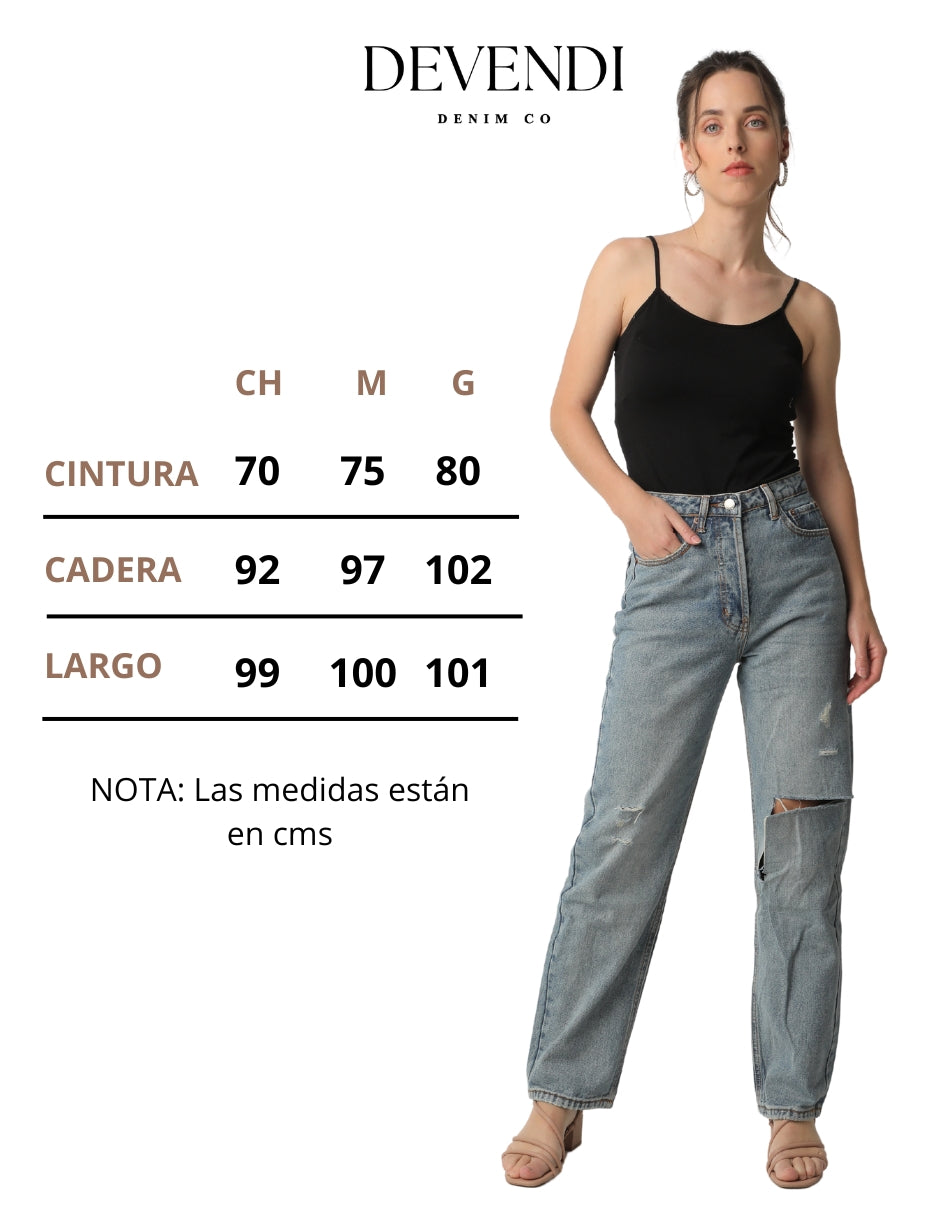 Jeans Corte Recto con Tiro Alto en Mezclilla 100% Algodón Color Azul con Rupturas Decorativas