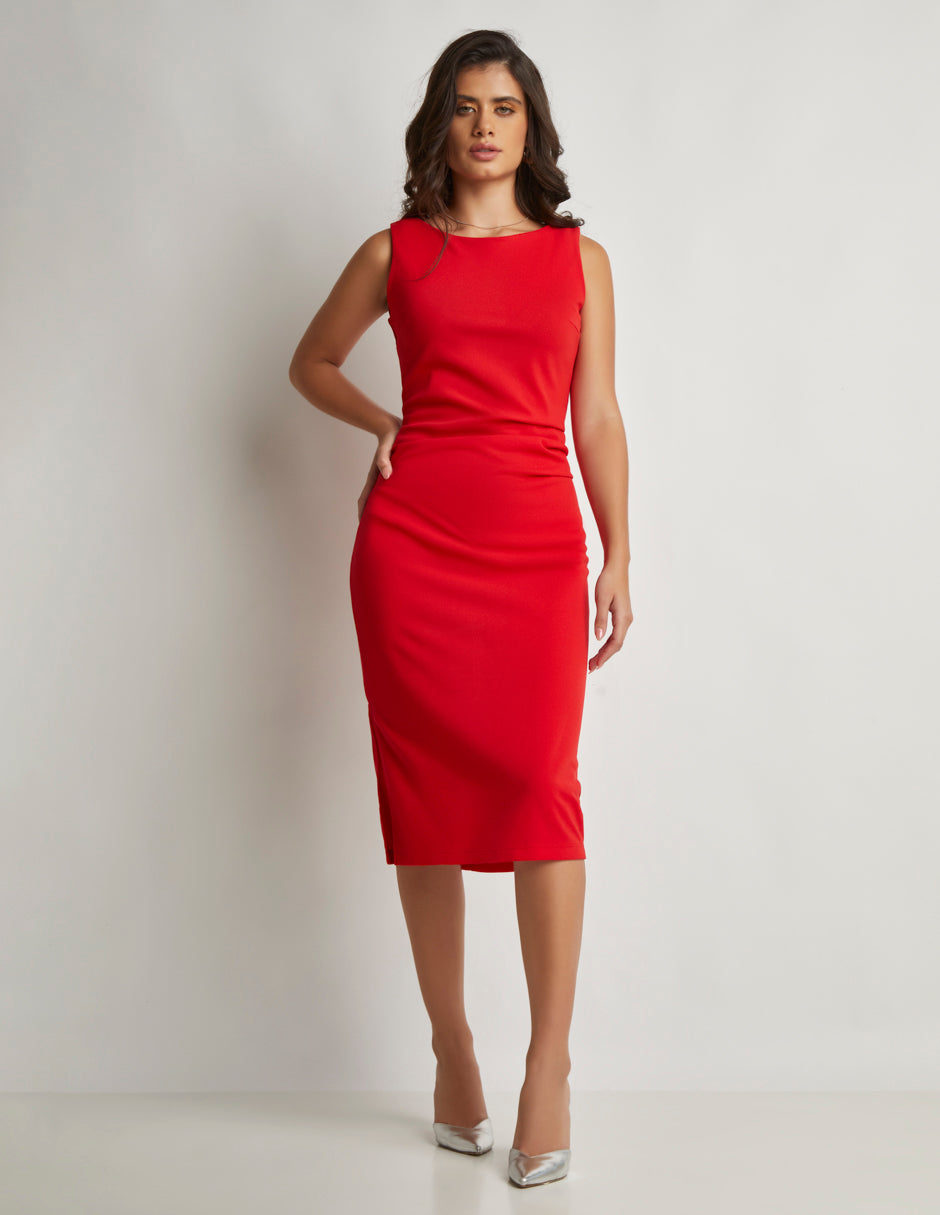 Vestido Rojo Formal: Midi, Sin Mangas, Plisado