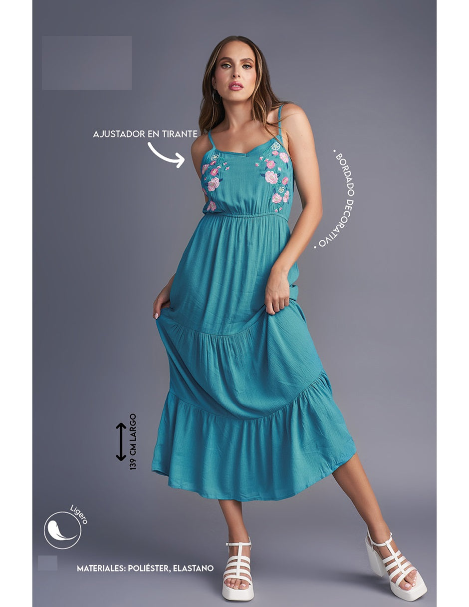 Vestido Largo Azul Bordado