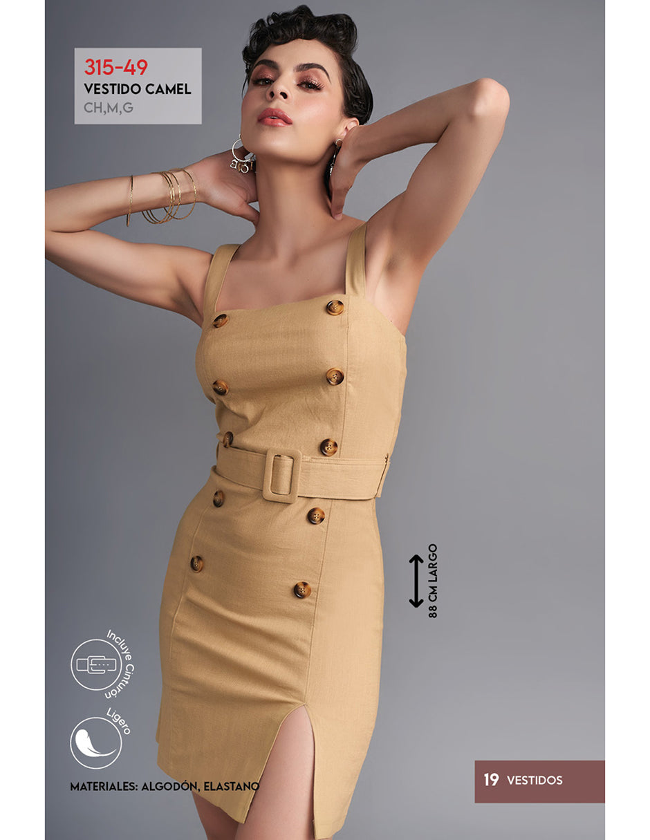 Vestido Camel Con Botones