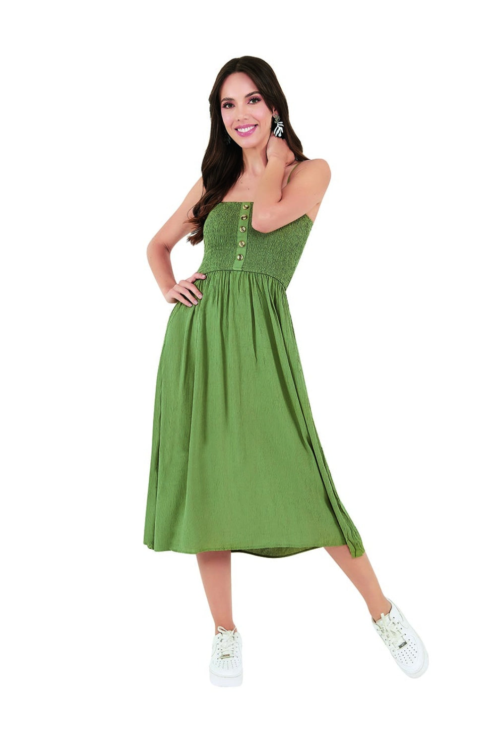 Vestido Midi Casual Verde Con Smock