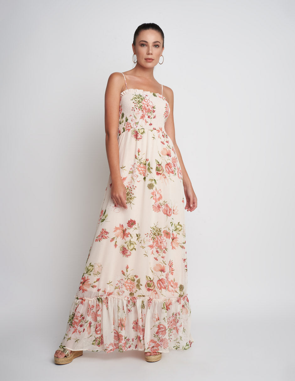 Vestido largo para mujer de tela ligera en color blanco con estampado de flores