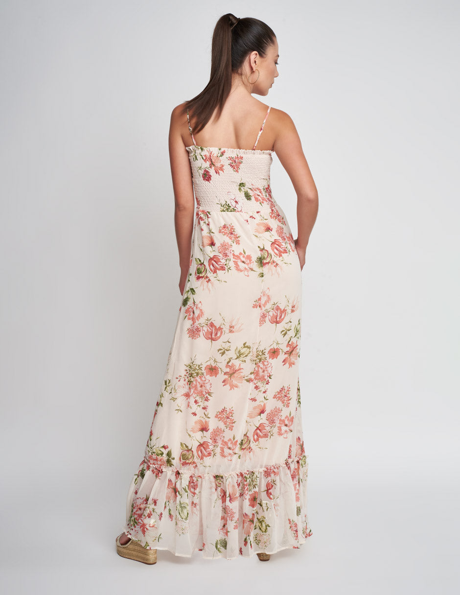 Vestido largo para mujer de tela ligera en color blanco con estampado de flores