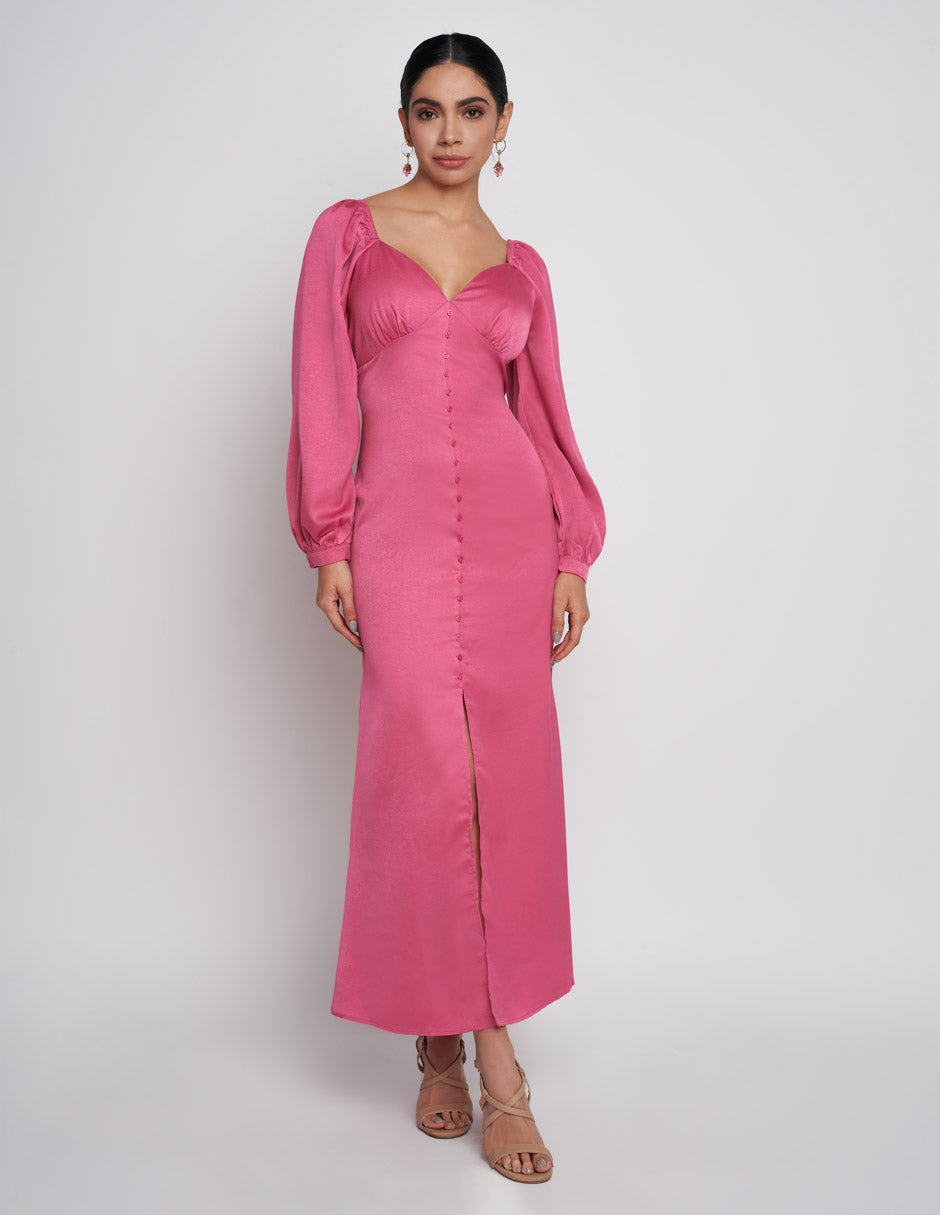 Vestido largo para mujer de tela satinada en color rosa mangas largas con detalle de resorte en los puños