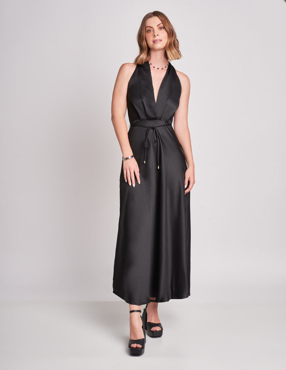 Vestido Halter Largo Midi: Elegancia Satinada con Espalda Descubierta