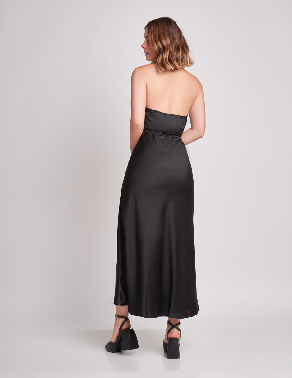 Vestido Halter Largo Midi: Elegancia Satinada con Espalda Descubierta